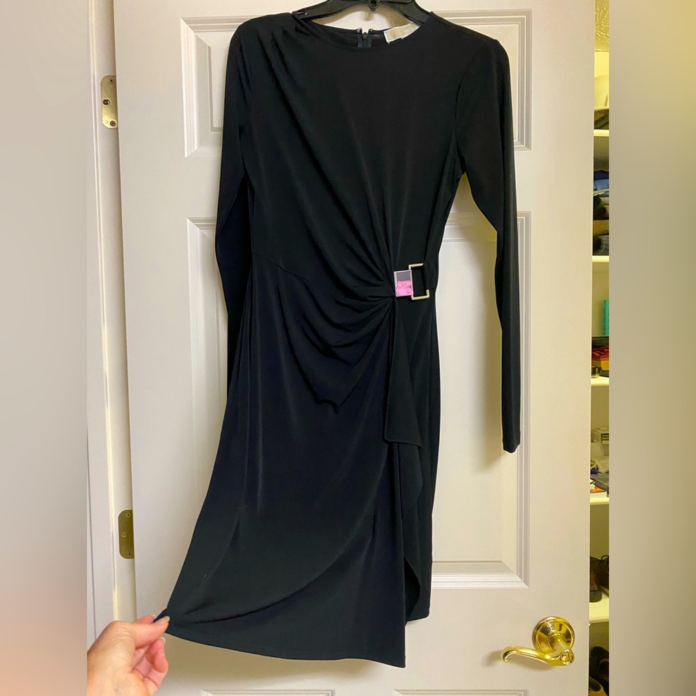 Stunning Michael Kors cocktail dress with buckle at side, long sleeves.